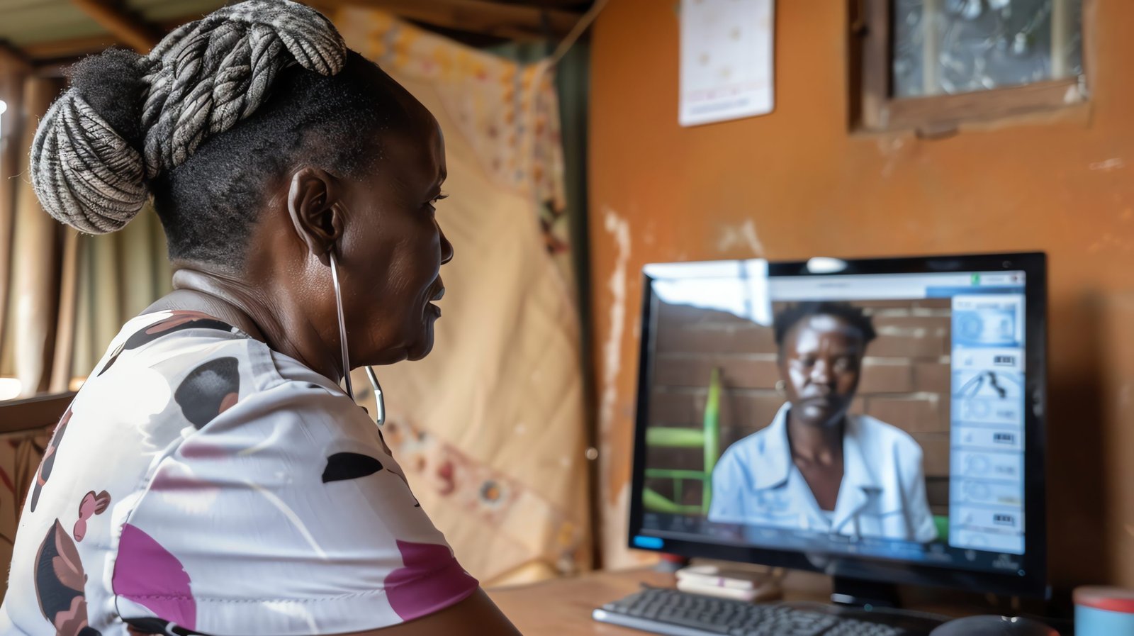 A woman in a white shirt with a braided bun on her head sits in front of a computer, looking at a video call of a man in a white shirt.
